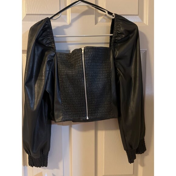 Avec Les‎ Filles Vegan Leather Puff Sleeve Cropped Top Size L Black NWT - Picture 3 of 14